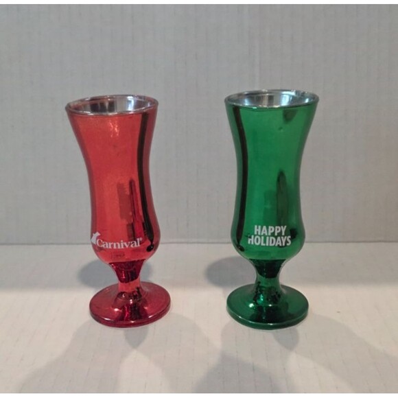 Set of 2 "Happy Holidays" Carnival Cruise Line Shot Glasses Red & Green - Picture 1 of 5